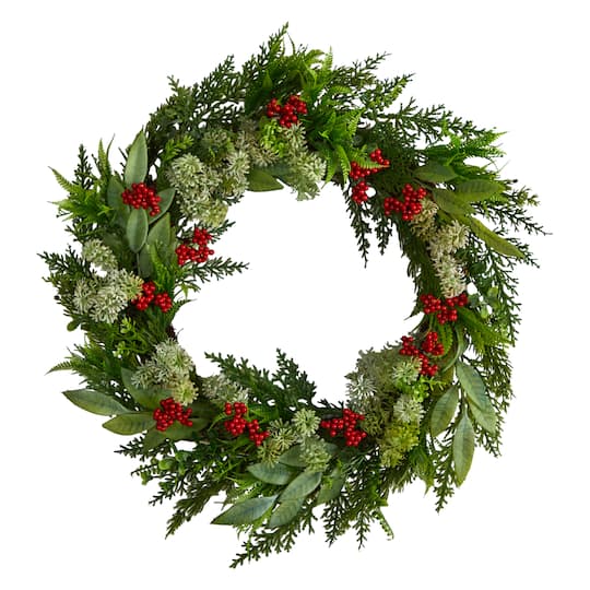 24&#x22; Cedar, Eucalyptus &#x26; Berries Christmas Wreath